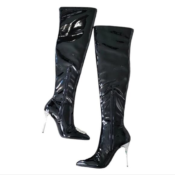 INC  Black Over the Knee  Patient Leather W Sparkling Toe Piece Black Sz 6M NWT - Picture 5 of 8